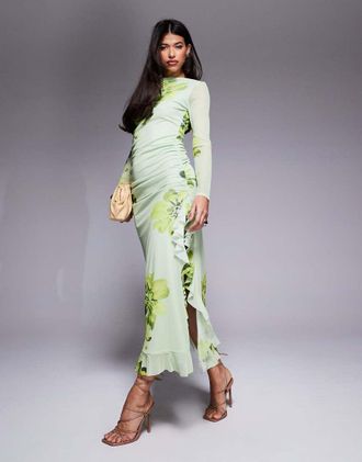 Asos mesh long sleeve frill detail a line maxi dress in green floral print-Multi