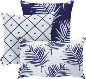 Beliani Conjunto De 3 Cojines Decorativos Para Exterior Accesorios De Jard&iacute;n Motivo Plantas Azul Marino Birdwood