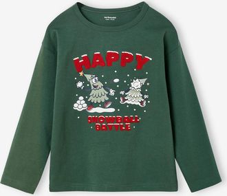 Vertbaudet Jungen Weihnachts-Shirt mit Flockprint tannengrün