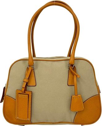 Prada Beige Leather Canvas Boston Bag Shoulder Bag Tote Bag (Pre-Owned)