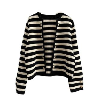 Generic Women Spring Autumn Striped Knitted Sweater Slim Simple Casual Versatile Cardigans Coat Striped M