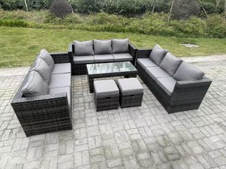 Fimous Rattan Garden Furniture Lounge Sofa Set With Oblong Rectagular Coffee Table 2 Stools in Dark Grey