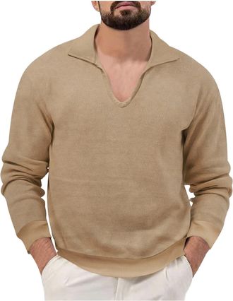 Generic Mens Knitted Sweater Jumper Poloshirt Long Sleeve Knitted Top Regular Fit Basic Sweatshirts V Neck Pullover Solid Color Fashion Sweater Plain Slim Fit