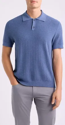 Nordstrom Short Sleeve Ribbed Cotton & Cashmere Polo Sweater in Blue Moonlight Heather at Nordstrom, Size Xx-Large