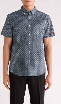 Original Penguin Geometric Print Short Sleeve Chambray Button-Up Shirt in Dark Sapphire at Nordstrom Rack, Size Xx-Large