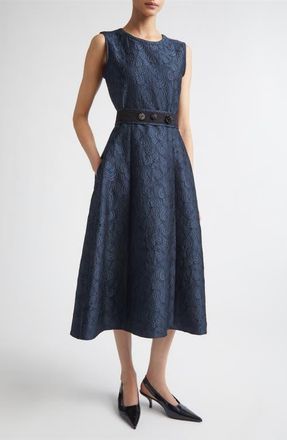Max Mara Jacquard Belted Midi Dress in Midnight Blue at Nordstrom, Size 16