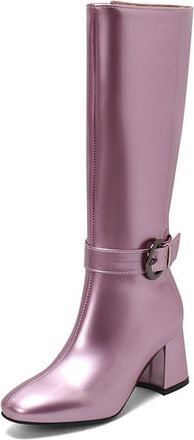 Generic Womens Square Toe Block Heel Shiny Metallic Knee High Riding Boots with Side Zipper and Buckle Strap Decor (7.5,Pink)