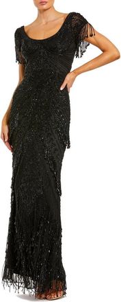 Mac Duggal Beaded Mesh Fringe Short Sleeve Column Gown in Black at Nordstrom, Size 12