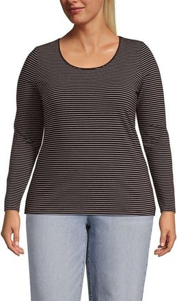 Lands End Long Sleeve Lightweight Jersey Scoop Neck T-Shirt in Rich Coffee Thin Stripe at Nordstrom, Size X-Small
