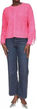 Brodie Cable Fringed Crew Neck Jumper Sweater In Diva Pink