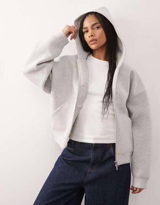 Weekday Scarlet - Felpa oversize grigio m&eacute;lange con cappuccio e zip in tessuto effetto scuba