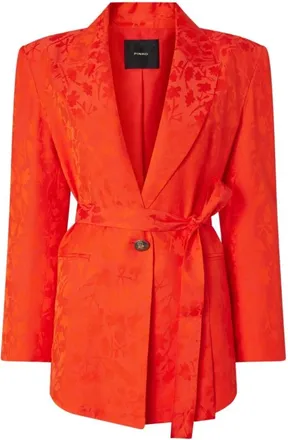 Pinko Pinko, Jassen, Dames, Oranje, S, Leer, Bloemenprint Blazer met Riem