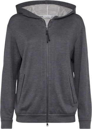 Brunello Cucinelli Zip-Up Hooded Sweater - Dames - Vesten met rits - Grijs - L - Katoen - Hoodies & sweatvesten