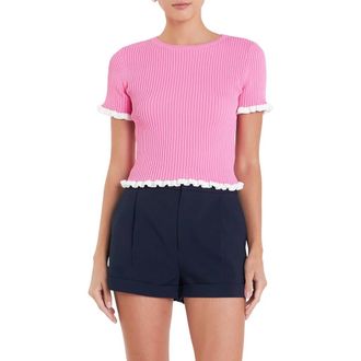 English Factory Ruffle Trim Short Sleeve Rib Sweater in Pink/White at Nordstrom, Size Medium