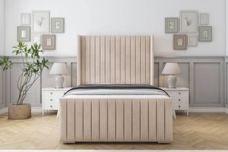 Sloomy Marlborough Naples Bed Frame With 50 Upholstered Wingback Headboard in Light Sand | Size: Small Double