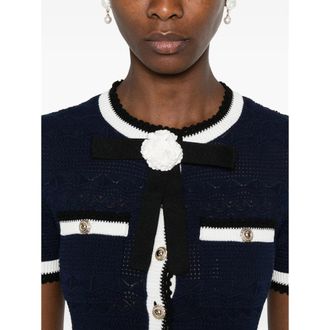 Self Portrait Pointelle Knit with Contrasting Trim Dress - Navy