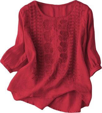 Generic White Shirts for Women Linen Bohemian Style Embroidered Tops Summer Peasant Blouses 3/4 Sleeve Round Neck Lightweight Fashion T-Shirts Work Casual Blo