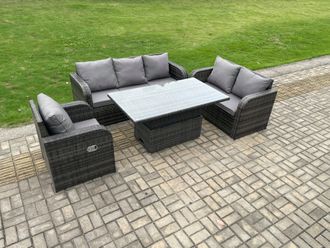 Fimous Outdoor Rattan Furniture Garden Dining Set Patio Height Adjustable Rising lifting Table with 3 Seater Sofa Reclining Chair Love Sofa