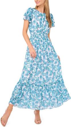 CeCe by Cynthia Steffe Floral Print Ruffle Maxi Dress in Ultra White at Nordstrom, Size X-Large