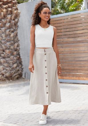 Lascana Womens Button Down Linen Skirt