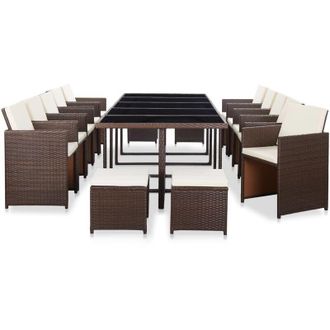 vidaXL Set Comedor De Jard&iacute;n 15 Pzas Y Cojines Rat&aacute;n Sint&eacute;tico Marr&oacute;n Vidaxl
