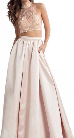 Rachel Allan Beaded Matte Satin Two-Piece Prom Dress In Champagne