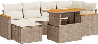 vidaXL 7 Piece Garden Sofa Set with Cushions Beige Poly Rattan Acacia Vidaxl
