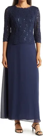 Alex Evenings Sequin Lace & Chiffon Gown in Navy at Nordstrom, Size 12