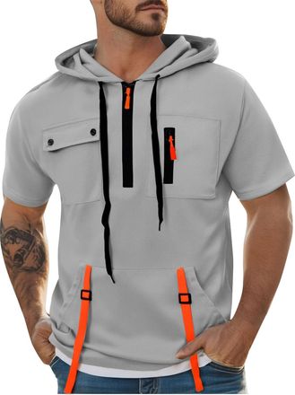 Generic Hooded Sweatshirts for Men UK Quarter Zip Short Sleeve with Adjustable Hood Pullover with Front Pockets Breathable Mesh Top Lightweight Running Fashio