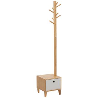 HOMCOM Homcom - Perchero De Pie De Bamb&uacute; Tipo &Aacute;rbol Con Banco Caj&oacute;n De Tela Y 8 Ganchos Para Colgar Ropa Bolsas Bombreros Para Entrada Sal&oacute;n Pasillo 35x35x17