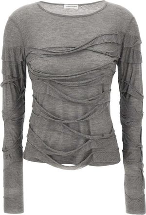 7 For All Mankind Rib Ruffle Sweater - Dames - Ronde hals truien - Grijs - M - Wol - Truien & Vesten