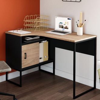 IDMarket Idmarket - Escritorio Esquinero Rob En Acabado Negro Y Haya Con Nicho De Almacenaje Y Puerta De Dise&ntilde;o Industrial