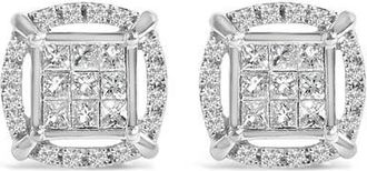 House of Brilliance Sterling Silver 1 Cttw Princess Cut Diamond Square Halo Stud Earrings at Nordstrom