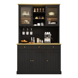 STILVORA Aparador Alto De Cocina Con Vitrina, 1 Caj&oacute;n, Soporte Para Copas, 2 Enchufes Y Usb-a Usb-c, Mdf, Negro, 120 X 40 X 191 Cm