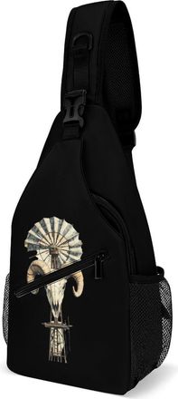 Generic Vintage Windmill with Old Rams Skull Mens Shoulder Bags Sling Crossbody Backpack Travel Hiking Chest Bag with Small Side 38x20cm