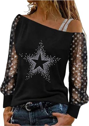 Generic Women Sparkly Tops Lace Mesh Sheer Long Sleeve Crewneck Sequin T Shirt Casual Trendy Elegant Glitter Sexy Tees Mesh Party Wear Dressy Tunic Blouse
