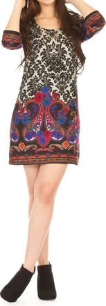 Papillon Damask Print Paisley Border 3/4 Sleeve Dress In Multi