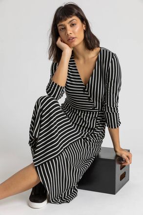 Roman Stripe Print Button Detail Midi Dress