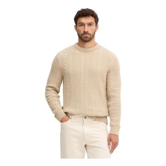 Barbour Lowfen Trui met Ronde Hals en Kabelsteek - Heren - Truien - Beige - Maat: L Wol
