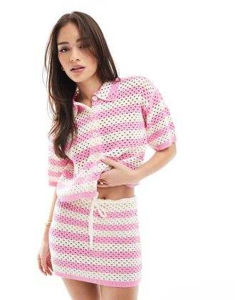 the frolic exclusive crochet button up cropped shirt in pink and cream stripe - part of a set