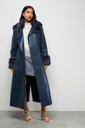 Warehouse Womens PU Belted Faux Fur Collar Trench Coat - Teal - Size X-Small