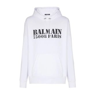 Balmain Hoodies, male, White, Size: L White Logo Print Hooded Sweater