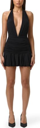 Naked Wardrobe Ruched Plunge Neck Halter Minidress in Black at Nordstrom, Size X-Small