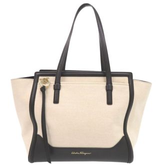 Ferragamo Black Ivory Leather Canvas Tote Bag (Pre-Owned)