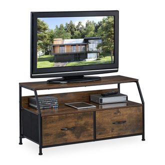 Relaxdays Relaxdays - Mueble De Tv Industrial, Mesa Televisor, 48,5x93x41,5cm, Metal, Acabado Estilo Madera, 2 Cajones, Marr&oacute;n/negro