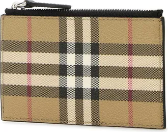 Burberry Mens Printed Check Canvas Card Case Beige Polyurethane Polyester Cotton Wallet