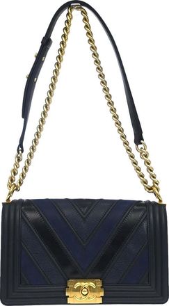 Chanel Boy Flap Chevron Caviar And Calfskin Navy Leather Handbag (Pre-Owned)