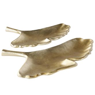 Beliani Conjunto De 2 Platos Decorativos De Metal Dorado Bandeja Joyer&iacute;a Anillos Patr&oacute;n De Gingko Palenque