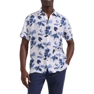 Bugatchi Orson Shaped Fit Leaf Print Short Sleeve Button-Up Shirt in Navy at Nordstrom, Size Xxx-Large