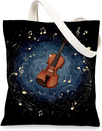 Generic Artistic Black Canvas Tote Bags, Vintage Music Notes Design Reusable Grocery Bags, Lightweight Washable Canvas Bags for Sho, Black, 13x15 Inch